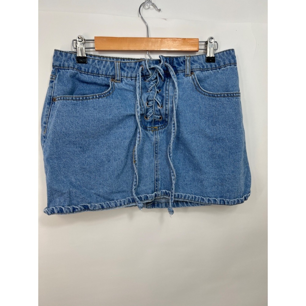 Forever 21 Los Angles Tie Closure Blue Denim‎ Jean Mini Jean Skirt Women Size 31